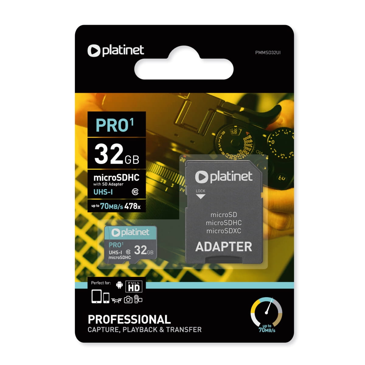 PLATINET microSDHC  SECURE DIGITAL + ADAPTER SD 32GB class10 U1 70MB/s [44002]