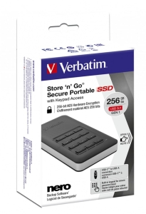 VERBATIM 256GB STORE 'N' GO SECURE PORTABLE SSD WITH KEYPAD ACCESS USB 3.1 GEN1 53402-468