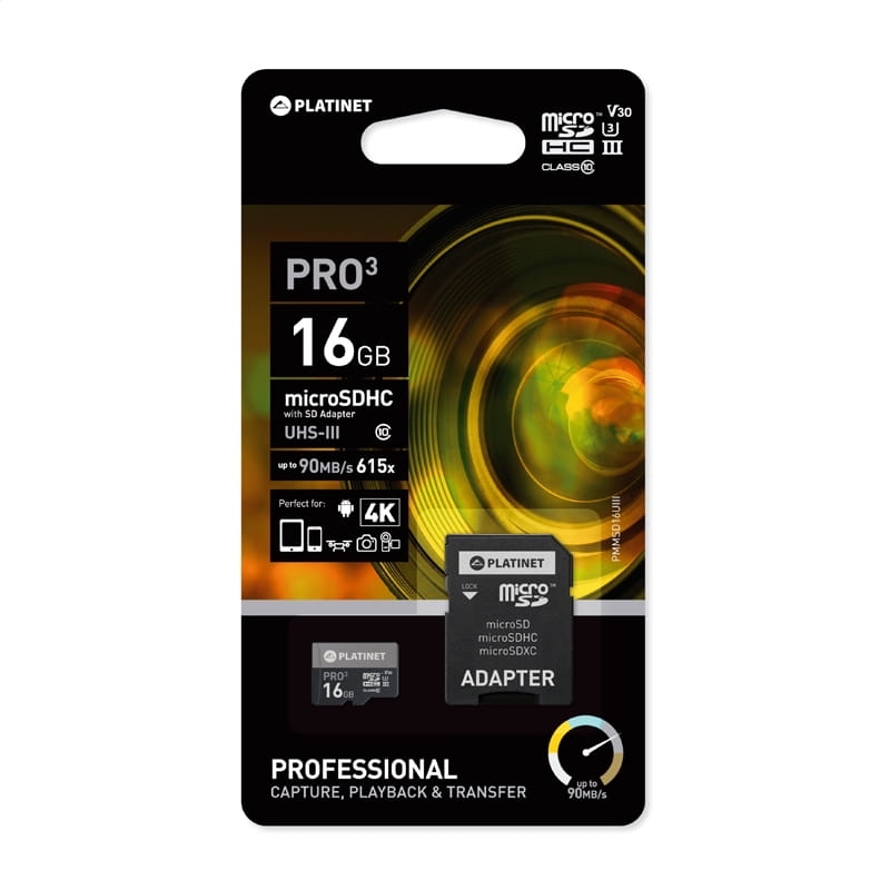 PLATINET microSDHC  SECURE DIGITAL + ADAPTER SD 16GB class10 UIII 90MB/s [44001]