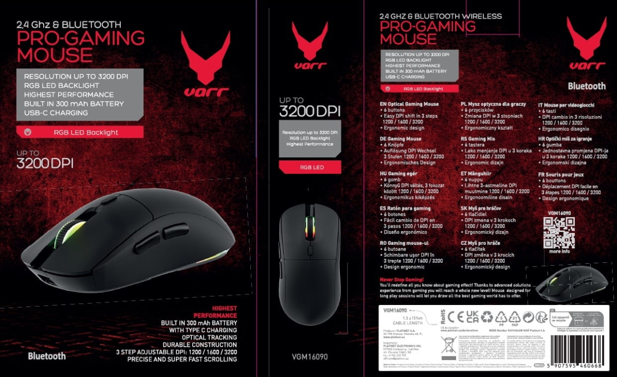 VARR MOUSE MYSZ GAMING 6D 3200DPI WIRELESS + BLUETOOTH BEZPRZEWODOWA 2.4G BLACK [46066]
