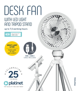 PLATINET RECHARGABLE DESK FAN 2X1200MAH LED TRIPOD [46055]