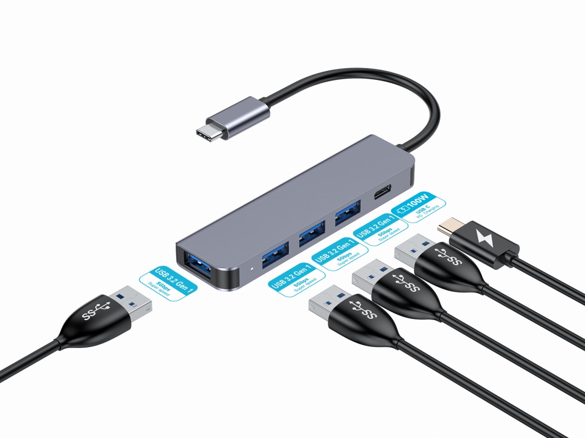 PLATINET MEDIA HUB USB-C TO 4X USB-A 3.2 GEN1 + 1X USB-C PD 100W 5IN1 ALUMINIUM [46235]