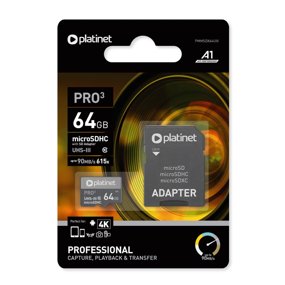 PLATINET microSDXC  SECURE DIGITAL + ADAPTER SD 64GB class10 U3 A1 90MB/s [43999]